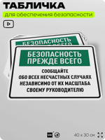 Табличка для обеспечения безопасности "Безопасность прежде всего", для производства, предприятия, 40х30 см, Silver Plane x Айдентика Технолоджи