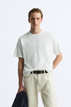 ZARA ФУТБОЛКА С КОНТРАСТНОЙ ВЫШИВКОЙ, ЖЕЛТОВАТО-БЕЛЫЙ