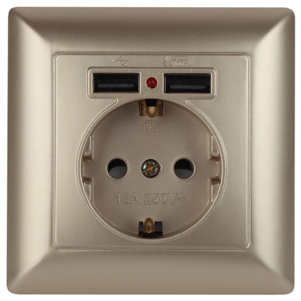 4-410-04 Intro Розетка P+E Schuko со шторками, 16А-250В + 2хUSB, СУ, Solo, шампань | Intro Solo