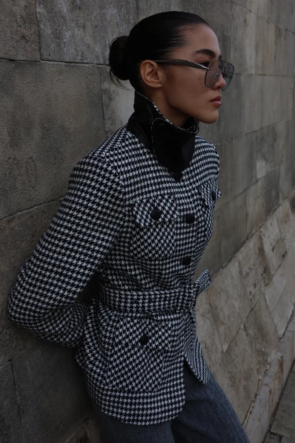 Жакет- пальто из шерсти, Черно-Белый