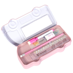 Пенал металлический машина, 2 отделения, Alingar, линейка 15 см, 1 ч/г карандаш, 1 точилка, 1 ластик, 1 маркер, 95 х 210 мм, "Единорог за рулем", розовый, европодвес