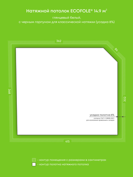 Глянцевый натяжной потолок 14.9 м2