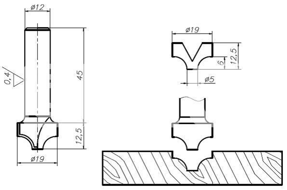 PCD фреза D.19x12.5x57.5 S.12
