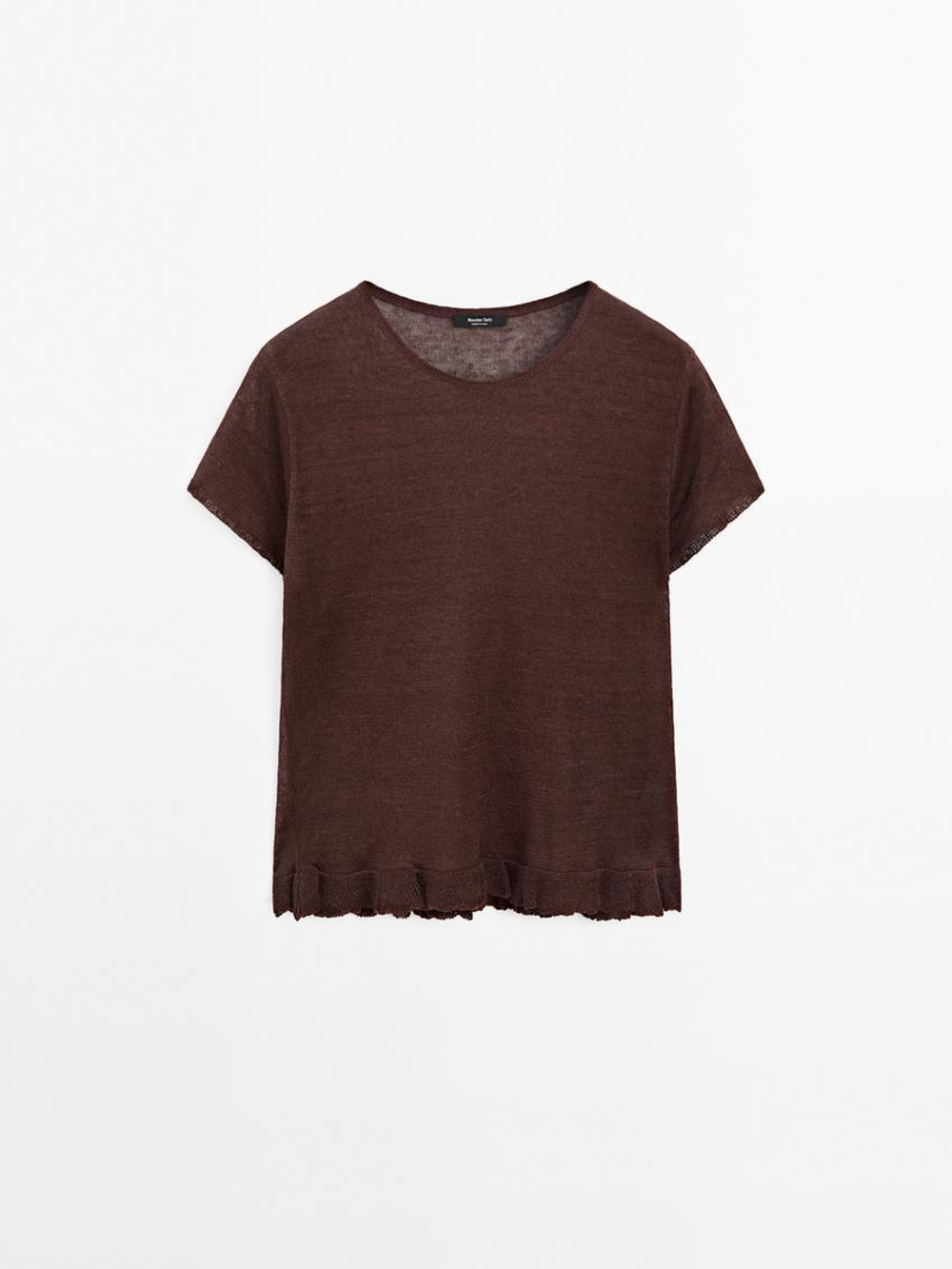 Massimo Dutti Футболка из 100% льна с волнистой кромкой по низу, вишнево-красный