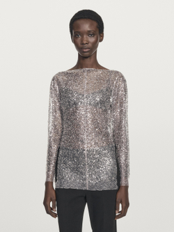 Massimo Dutti Блуза с пайетками и драпированным вырезом, серебряный