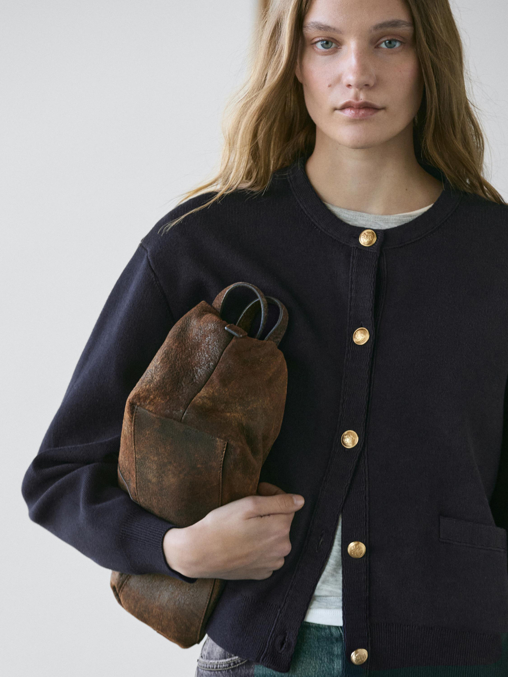 Massimo Dutti Кардиган из хлопкового трикотажа с золотистыми пуговицами, темно-синий