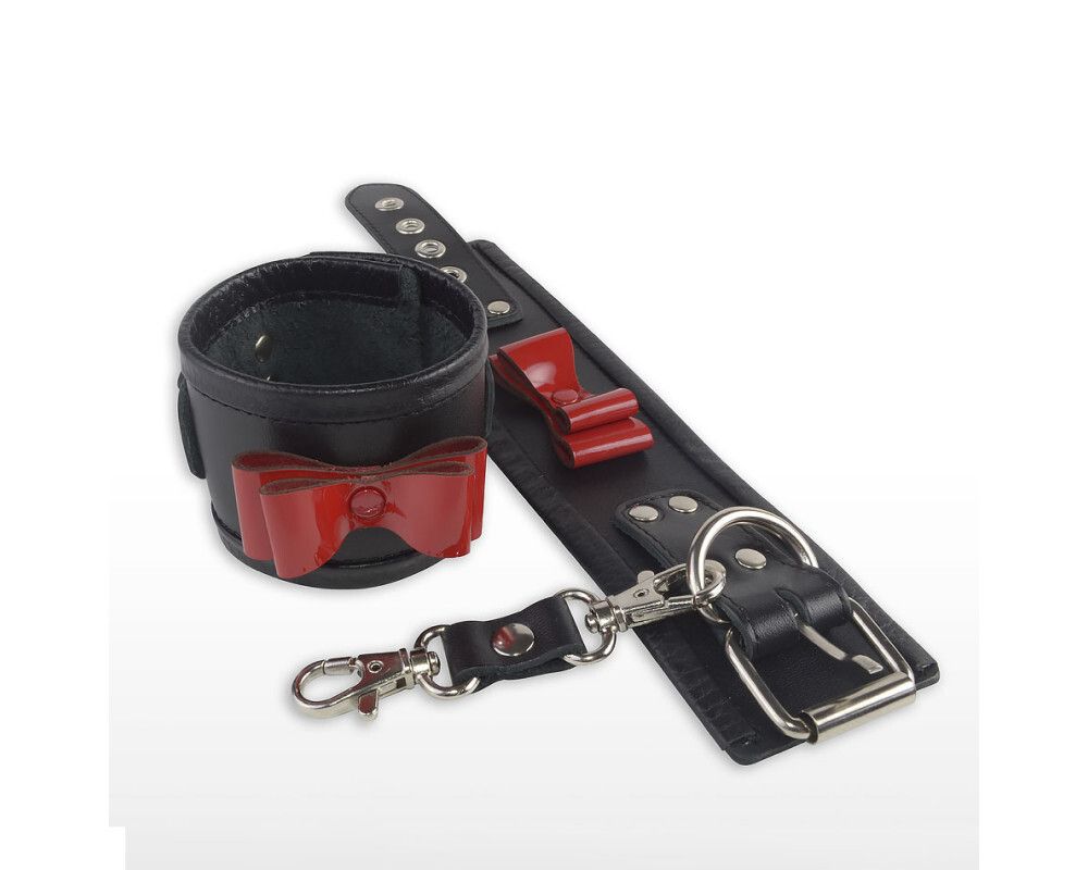 3163-1 / Кожаные наручники с декором лаковый краный бантик