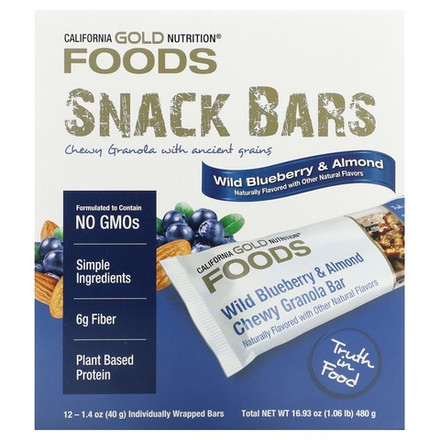 California Gold Nutrition, Foods, жевательные батончики-мюсли с дикой голубикой и миндалем, 12 шт. по 40 г (1,4 унции)