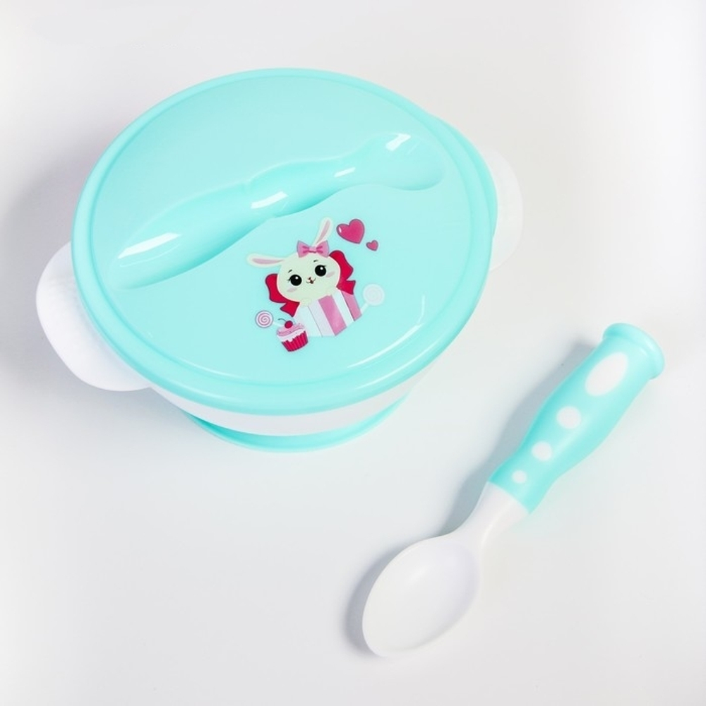 3630404 Набор детской посуды «Зайчик», 3 предмета: тарелка на присоске, крышка, ложка, цвет бирюзовы