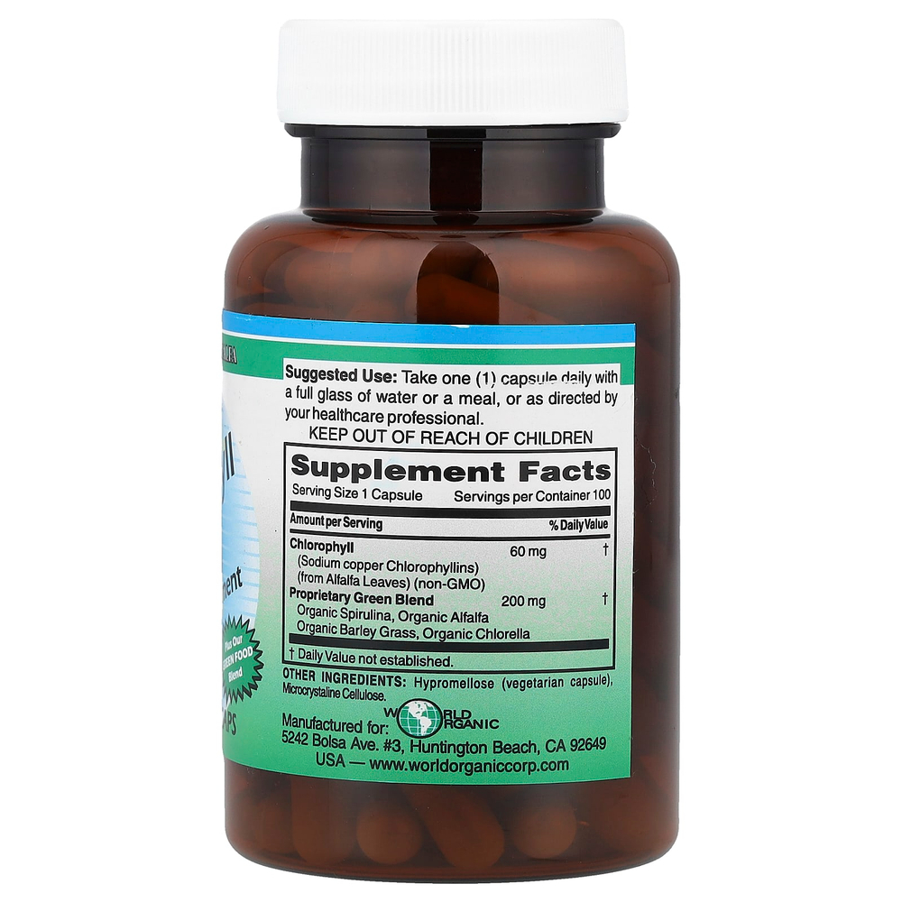 World Organic, хлорофилл, 60 мг, 100 растительных капсул