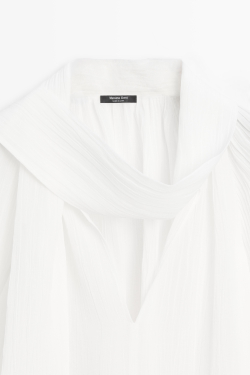 Massimo Dutti Блуза из струящейся ткани с V-образным вырезом и завязками, белый