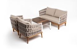 "Диего" лаунж-зона 4-местная плетеная из роупа со столиком "Канны" цвета "дуб", основание дуб, роуп бежевый