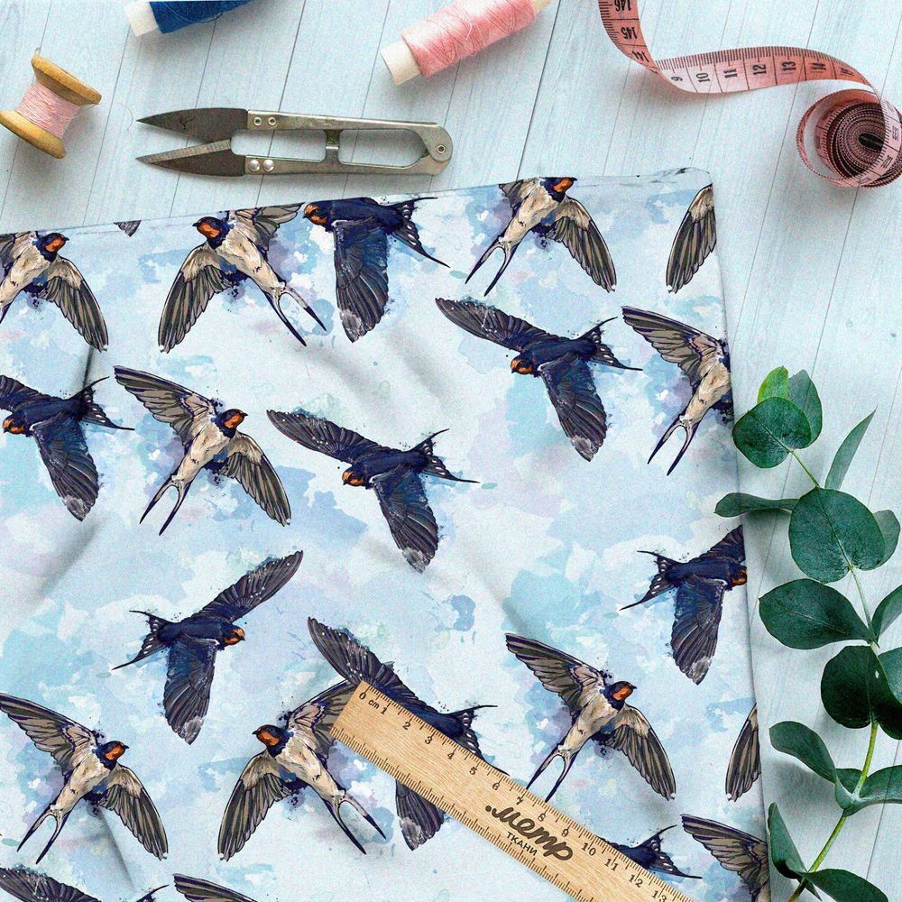 Ткань оксфорд 600 акварельные ласточки в небе