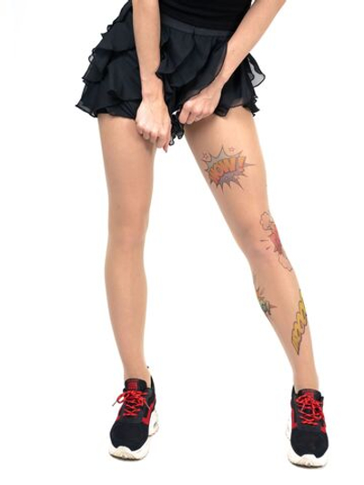 Колготки с принтом в виде цветных спич-баббл на левой ножке (Размер: S-M-L) (Цвет: бежевый)