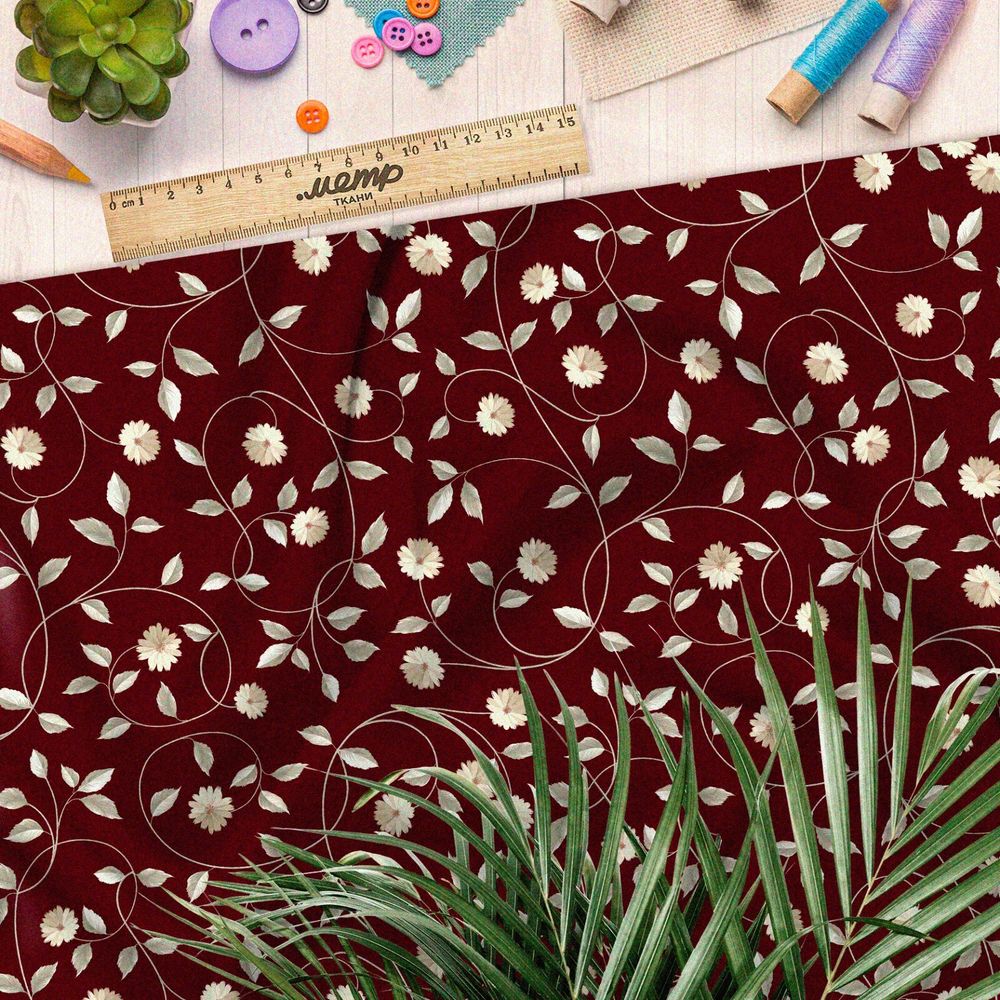 Ткань дюспо полевые цветы на бордовом фоне