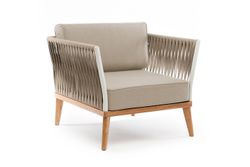 "Касабланка" кресло плетеное из роупа, основание дуб, каркас алюминий светло-серый (RAL7035) муар, роуп серо-коричневый 23мм, ткань бежевая 052