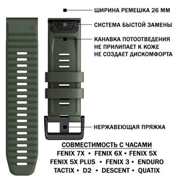 Ремешок силиконовый 26 мм. Premium для Garmin Fenix 7x/6x/5x/5x plus/3, Descent, Tactix, Enduro, D2, быстросъемный QuickFit (Хаки)