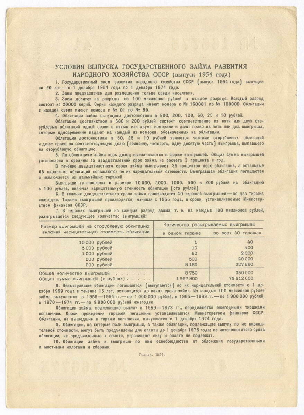 Облигация 100 рублей 1954 год. Серия № 166775. VF