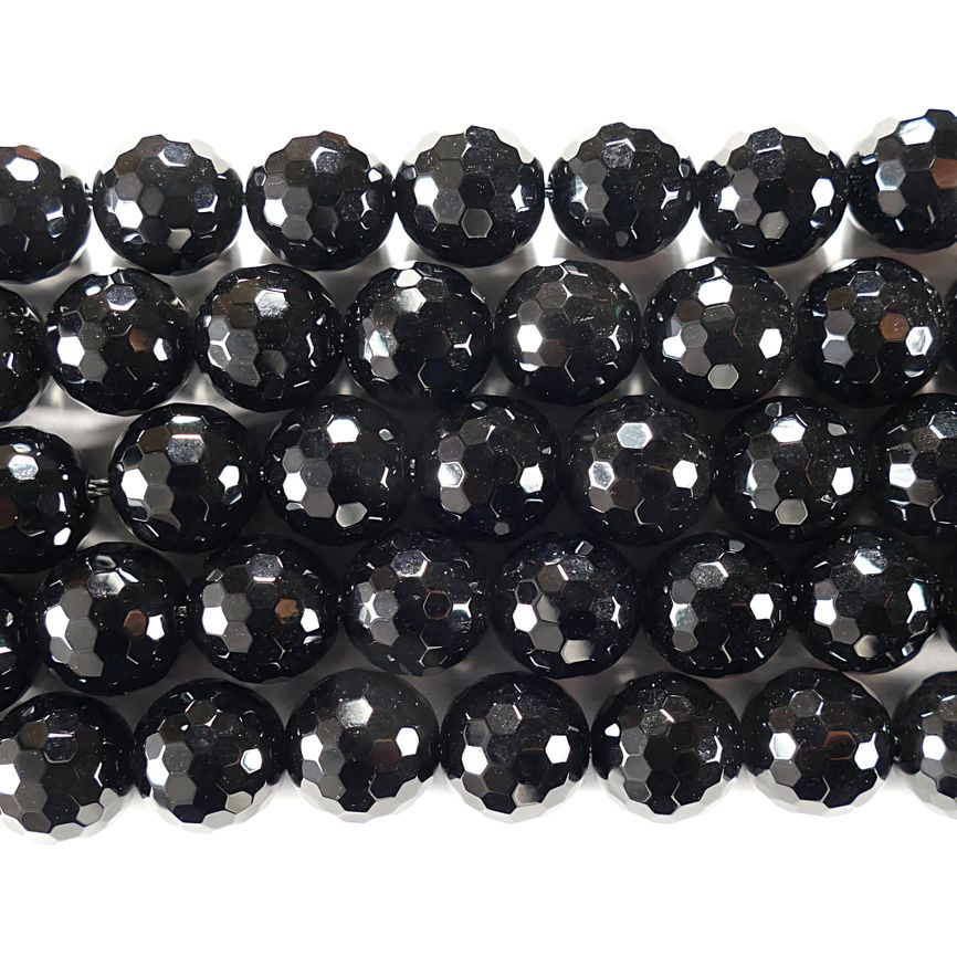 Нить бусин из оникса черного, фигурные, 12 мм (шар, граненые)