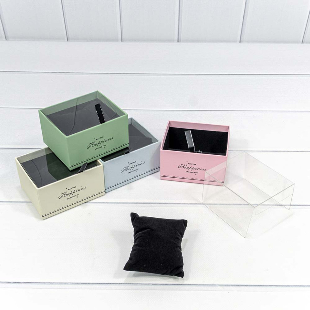 Коробка Ювелирная 10х8.5х6 см Набор 4 шт с прозрачной крышкой и подушкой (Микс)