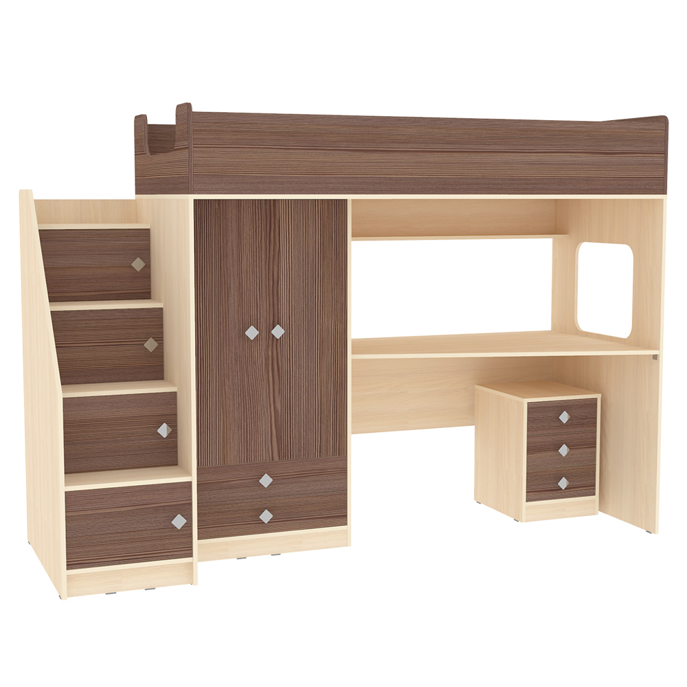 Кровать-чердак КарИВи Л-A606.3 с тумбой 80х190  Дуб Молочный Бодего Темный