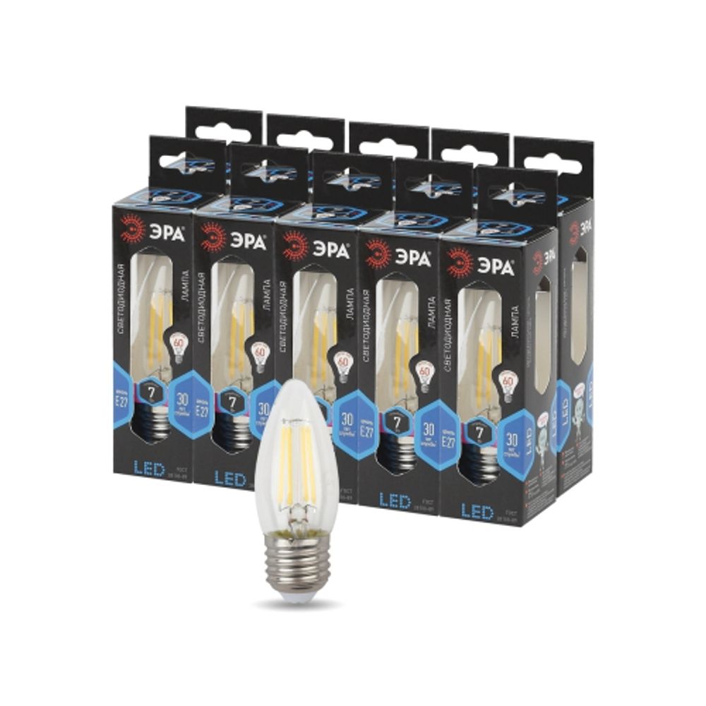 Лампа светодиодная ЭРА F-LED B35-7W-840-E27 Е27 / Е27 7Вт филамент свеча нейтральный белый свет | Филаментные декоративные