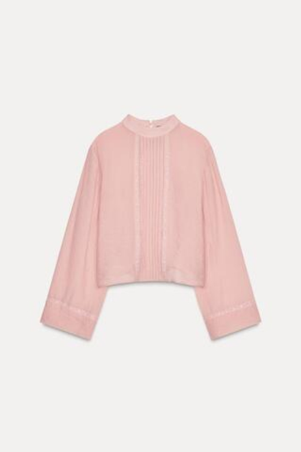 ZARA БЛУЗА С КРУЖЕВОМ И ЗАЩИПАМИ, ПАСТЕЛЬНО-РОЗОВЫЙ