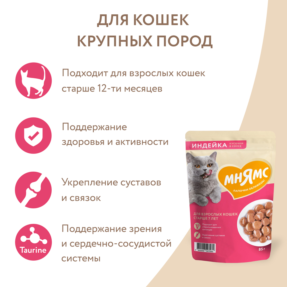 Влажный корм Мнямс На каждый день Кусочки в соусе с индейкой для кошек старше 7 лет 24 шт по 85 г