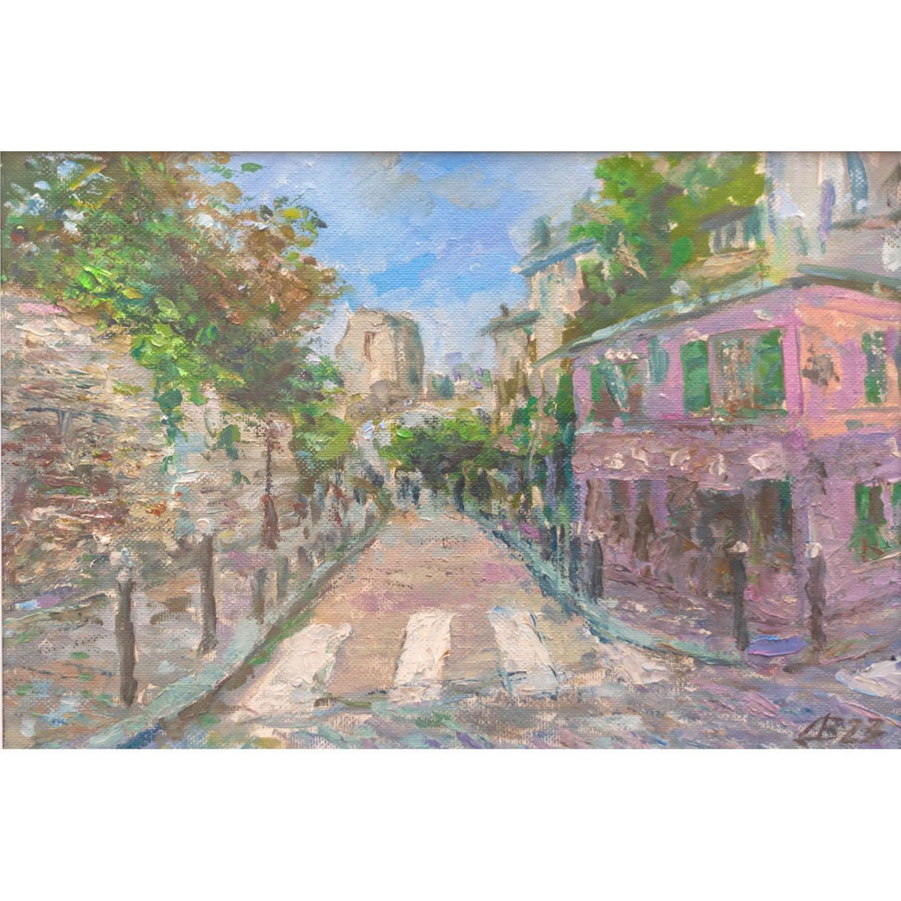 Картина авторская маслом на бумаге в раме 25х34 см на стену для интерьера "Париж. Розовый домик"