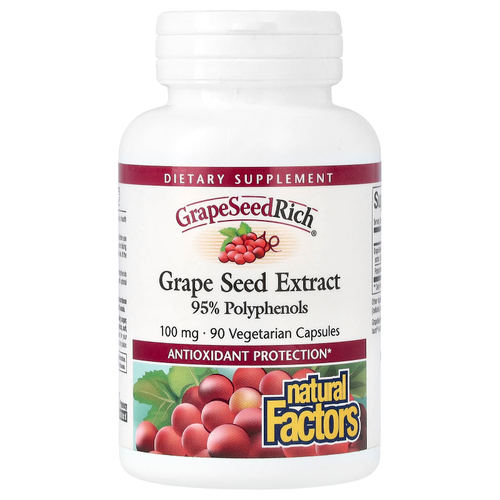 Natural Factors, GrapeSeedRich, экстракт виноградных косточек, 100 мг, 90 вегетарианских капсул