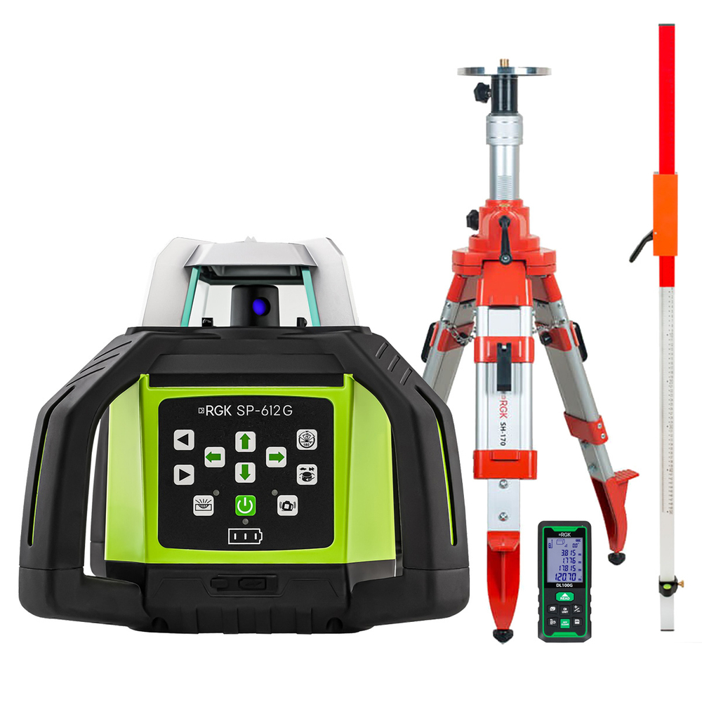 Комплект: ротационный нивелир RGK SP-612G с калибровкой + элевационный штатив RGK SH-170 + рейка RGK LR-2 + дальномер RGK DL100G