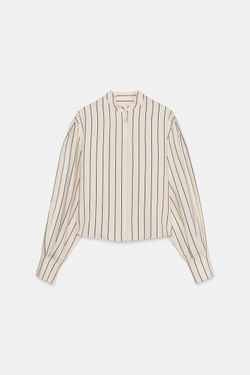 ZARA РУБАШКА В ПОЛОСКУ С ОБЪЕМНЫМИ РУКАВАМИ — ZW COLLECTION, ЭКРЮ/ТЕМНО-СИНИЙ