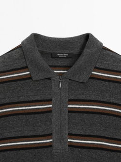 Massimo Dutti Свитер в полоску с воротником поло, серый меланж