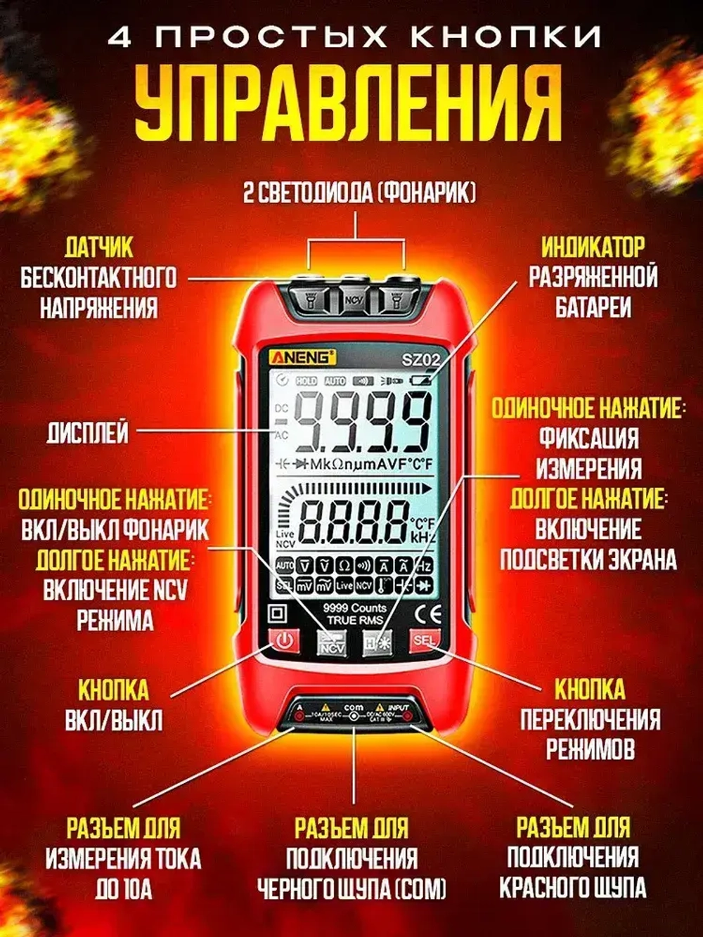 Мультиметр цифровой автоматический с щупами и термопарой умный Aneng