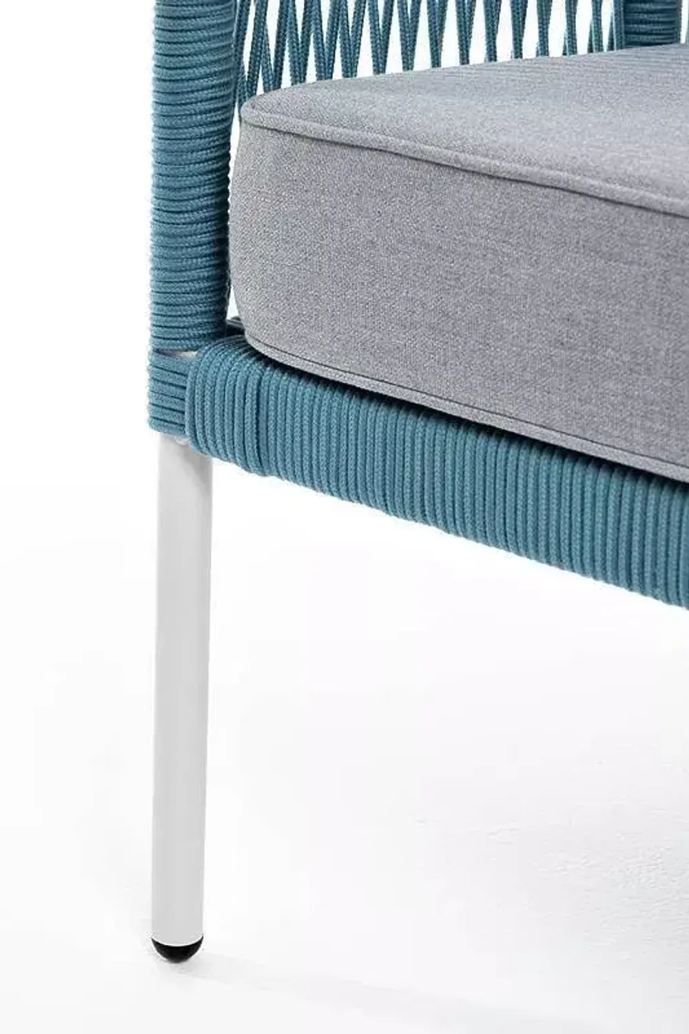 "Канны" диван 2-местный плетеный из роупа, каркас алюминий светло-серый (RAL7035) муар, роуп бирюзовый круглый, ткань светло-серая