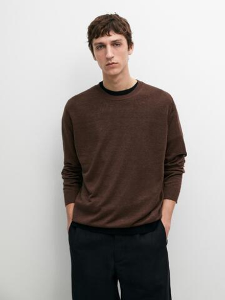 Massimo Dutti Вязаный льняной свитер с круглым вырезом, красно-коричневый