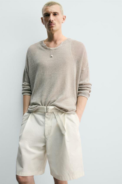 ZARA ШОРТЫ RELAXED FIT С СКЛАДКАМИ И ПОЯСОМ, ЖЕЛТОВАТО-БЕЛЫЙ