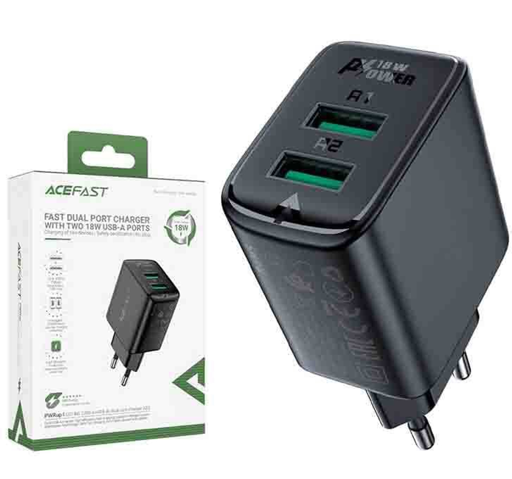 Сетевой адаптер питания ACEFAST A33 2 USB QC 3.0 18W (черный)