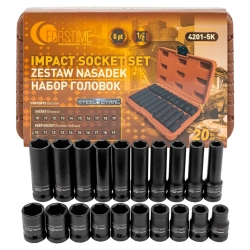 Набор головок 20пр., 1/2''(6гр.) (короткие 38мм/глубокие 78мм: 10-19мм) в пласт.кейсе FORSTIME FT-4201-5K