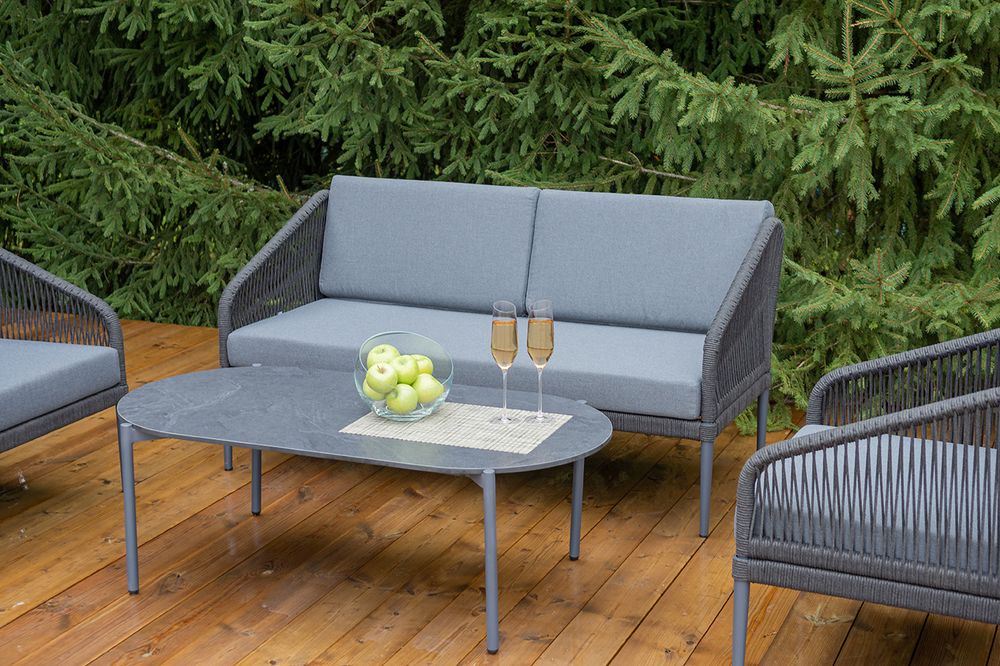 "Канны" лаунж-зона 4-местная (разборная) из роупа со столиком "Диего" цвета "серый гранит", роуп темно-серый круглый, ткань темно-серая