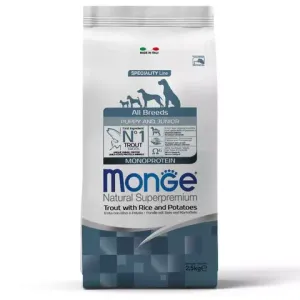 Сухой корм Monge Dog Speciality Line Monoprotein для щенков всех пород, из форели с рисом и картофелем