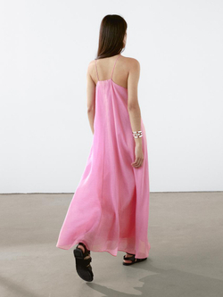 Massimo Dutti Длинное платье со сборкой и горловиной халтер, розовый