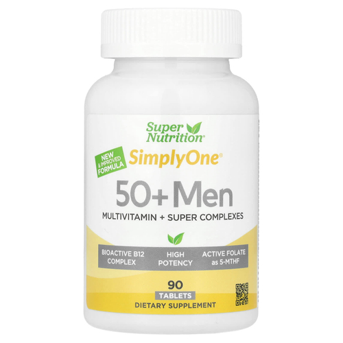 Super Nutrition, Simply One®, мультивитамины для мужчин старше 50 лет, с суперадаптогенами, витамином B12, зеленью, специями и антиоксидантами, 90 таблеток