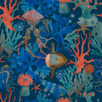 Кораллы, рыба, осьминог, актинии, морские звёзды, медуза Акварель на синем