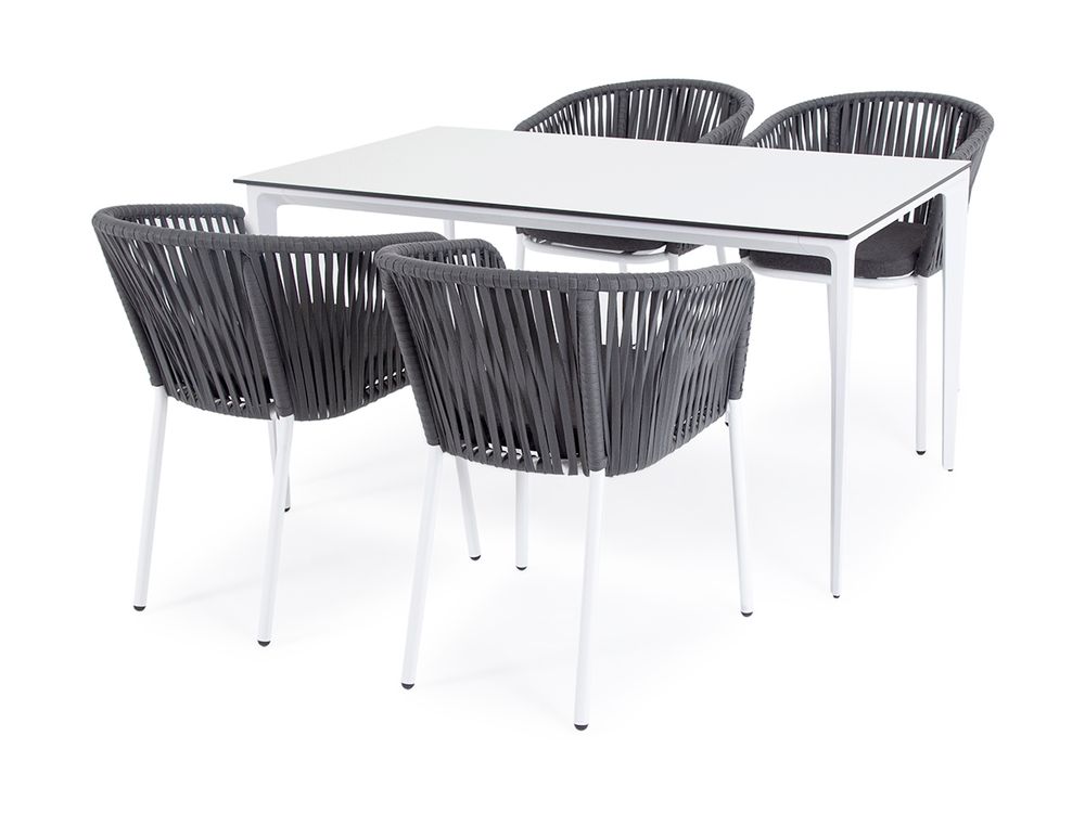 "Малага" обеденная группа на 4 персоны со стульями "Бордо", каркас белый, роуп серый