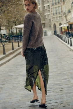 ZARA ОДНОТОННЫЙ СВИТЕР ИЗ ШЕРСТИ И АЛЬПАКИ, СЕРО-КОРИЧНЕВЫЙ