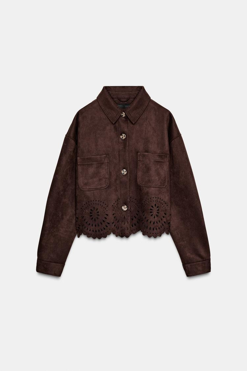 ZARA КУРТКА ИЗ ИСКУССТВЕННОЙ ЗАМШИ С ПЕРФОРИРОВАННЫМ НИЗОМ, КОРИЧНЕВЫЙ