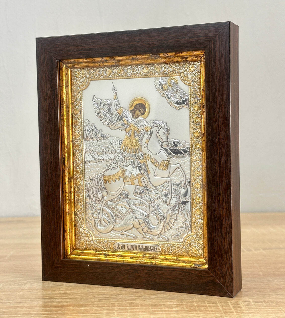 Георгий Победоносец, икона прямоугольная в рамке под стеклом, красное дерево 170х210