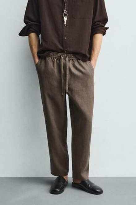 ZARA БРЮКИ RELAXED FIT ИЗ 100% ЛЬНА, СЕРО-КОРИЧНЕВЫЙ