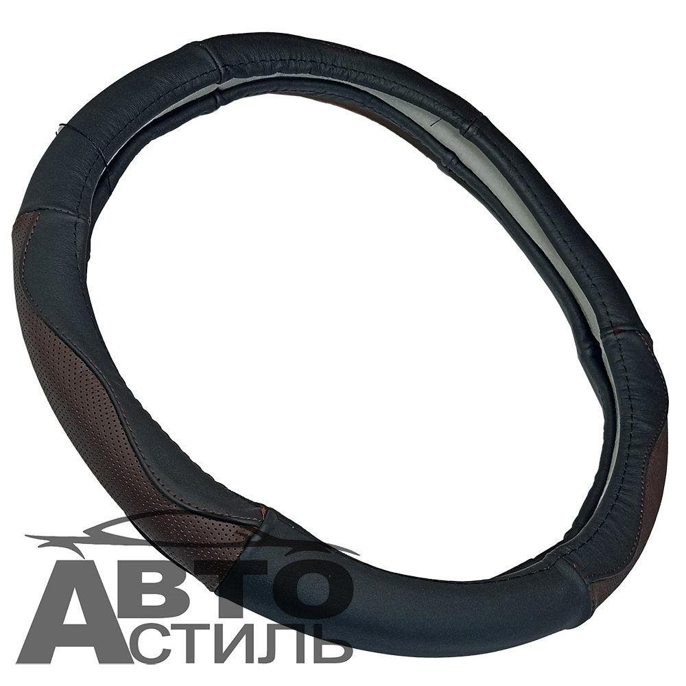 Оплетка на руль круглая Coolpart MAXIMAL (38*38) НАТУР КОЖА черный/шоколад HT114-BLCH